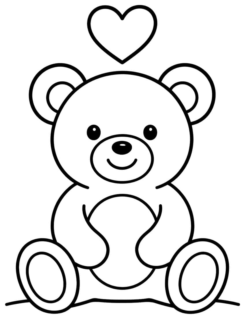 Sitting teddy bear with round ears, smiling face, round belly and a heart above its head