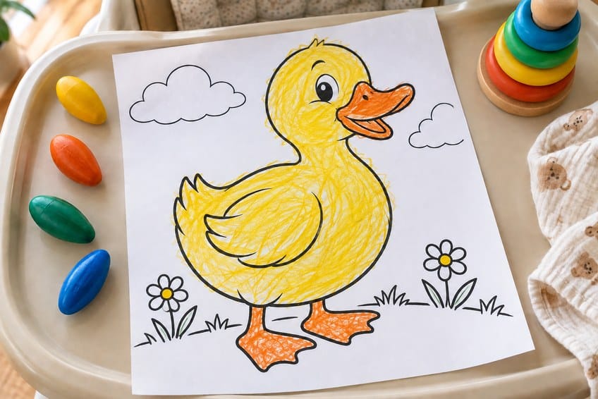 toddler coloring page partly colored in with pencils