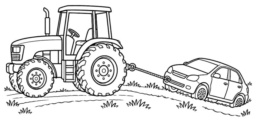 Coloring page of a tractor towing a small car with a rope across a field