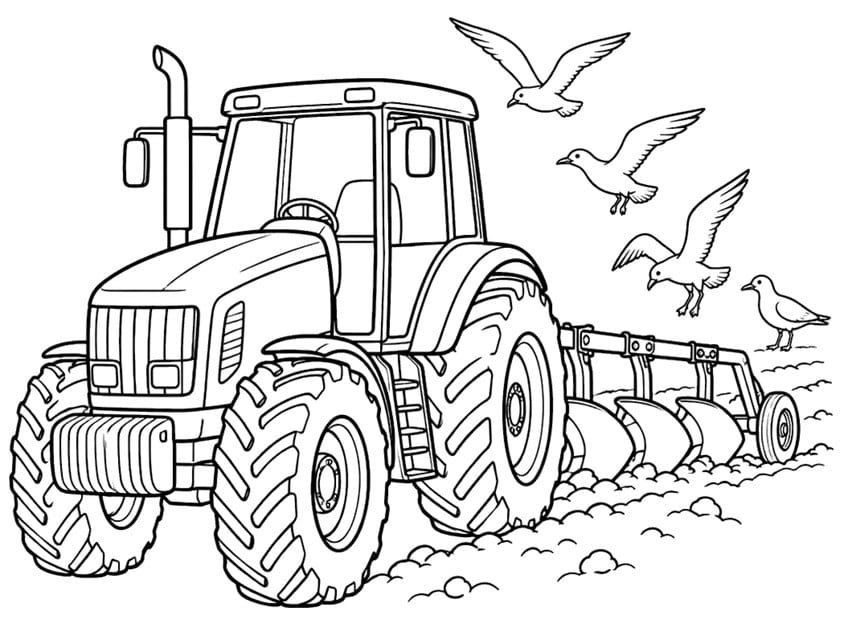 Coloring page of a tractor pulling a plough with gulls flying behind