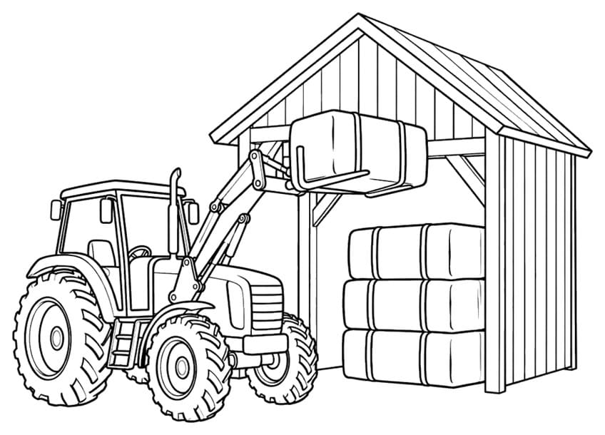 Coloring page of a tractor lifting a straw bale into an open barn