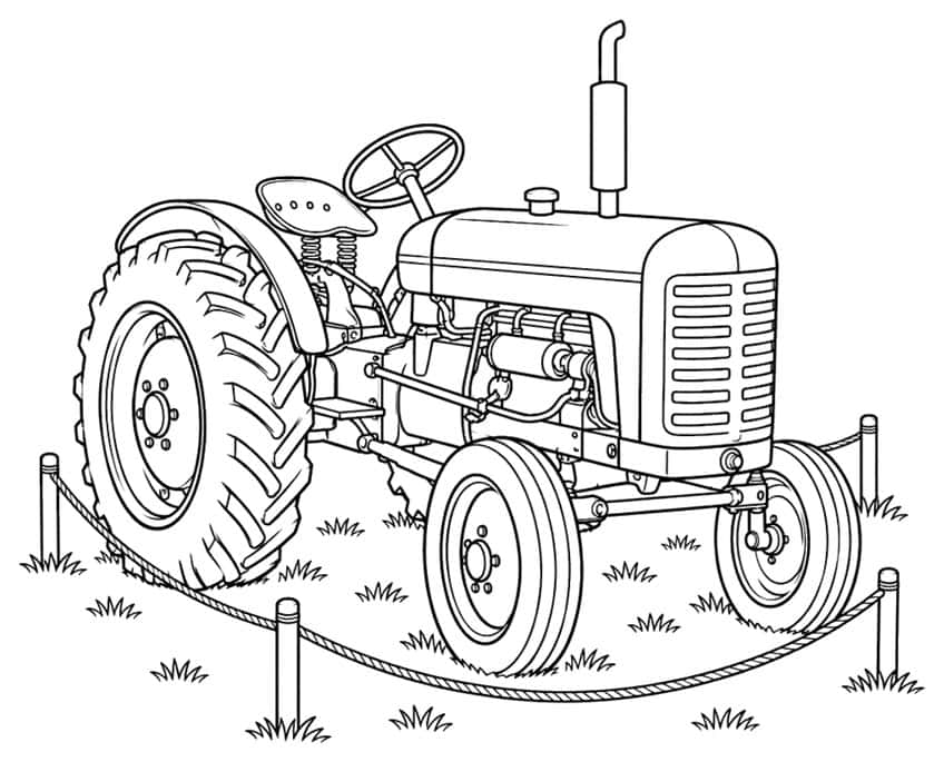 Coloring page of a vintage tractor on grass behind a rope barrier