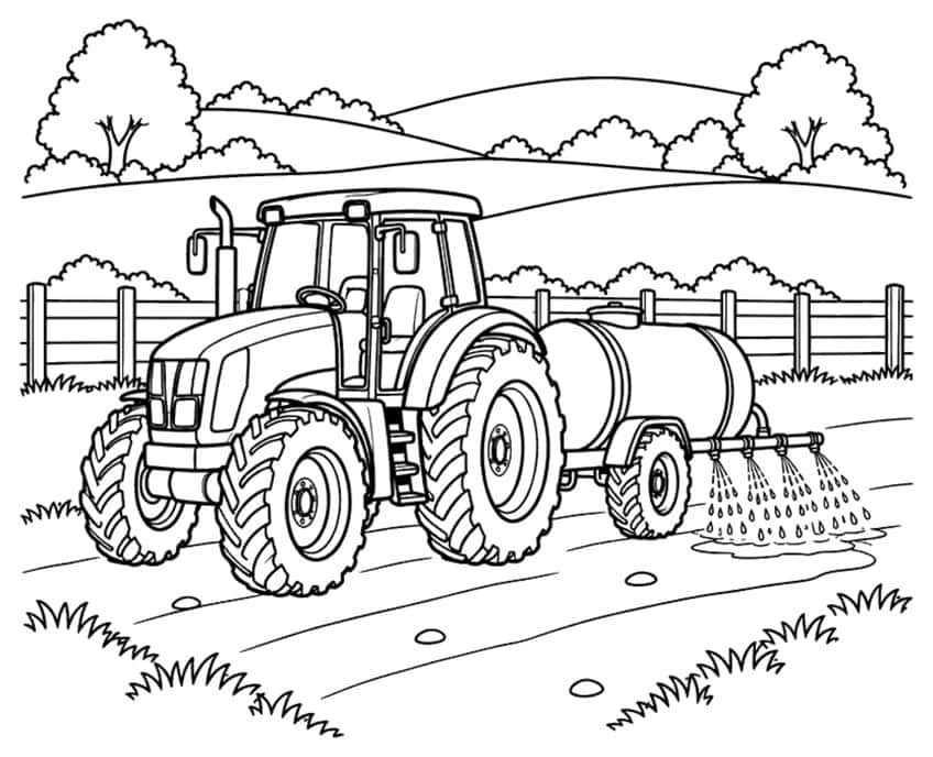 Coloring page of a tractor with a water tank trailer spraying a field