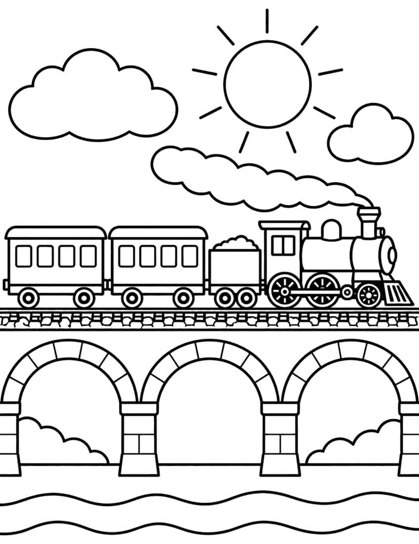 Steam train with two passenger cars crossing a stone arch bridge over a river