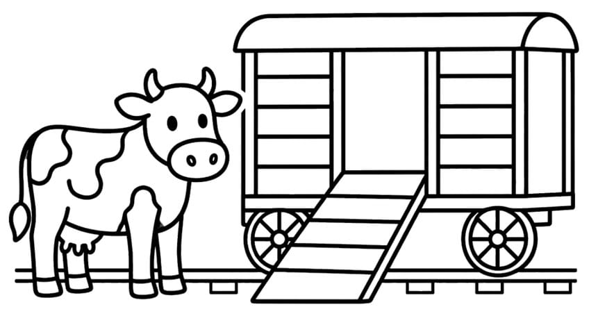 Spotted cow beside a railway cattle wagon with a lowered ramp