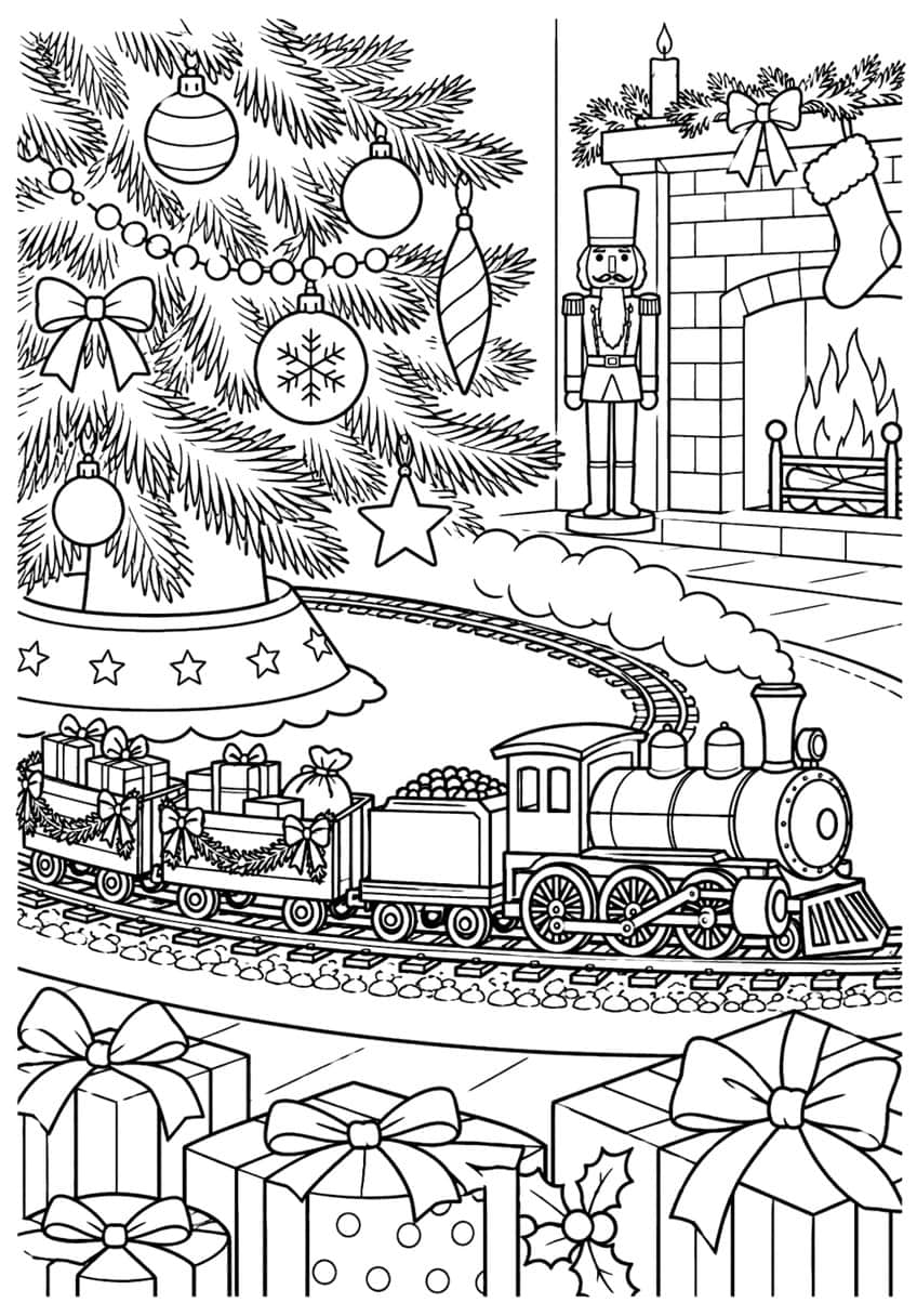 Toy train circling Christmas tree with nutcracker, fireplace and wrapped presents