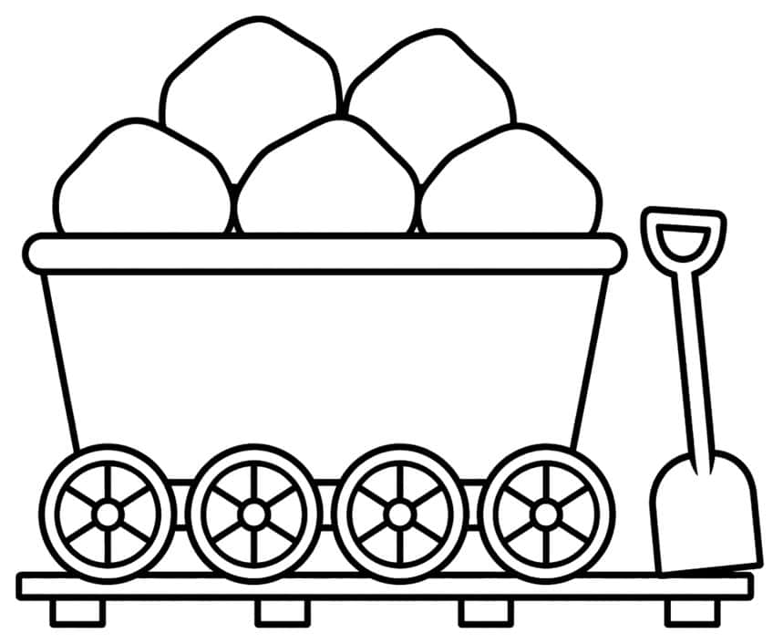 Coal wagon on rails piled with coal lumps next to a shovel