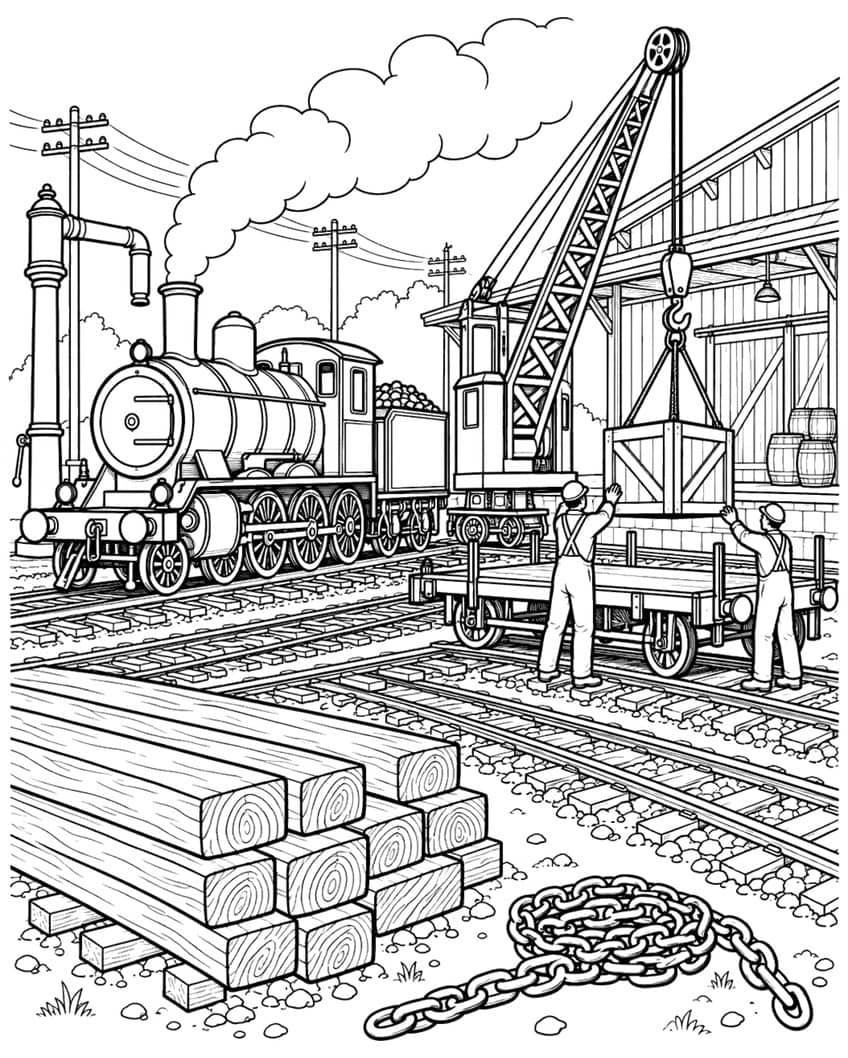 Steam train, gantry crane lifting crate, workers, timber stack, coiled chain