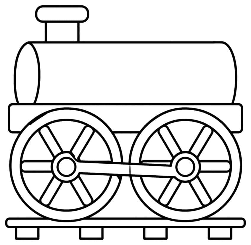 Coloring page of train boiler with two large spoked wheels and coupling rod