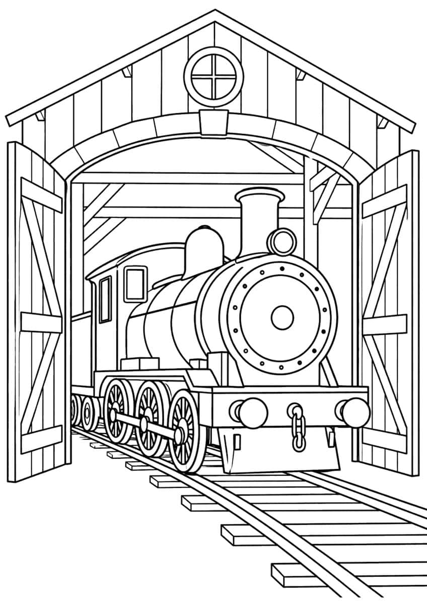 Steam locomotive inside a wooden engine shed with open doors