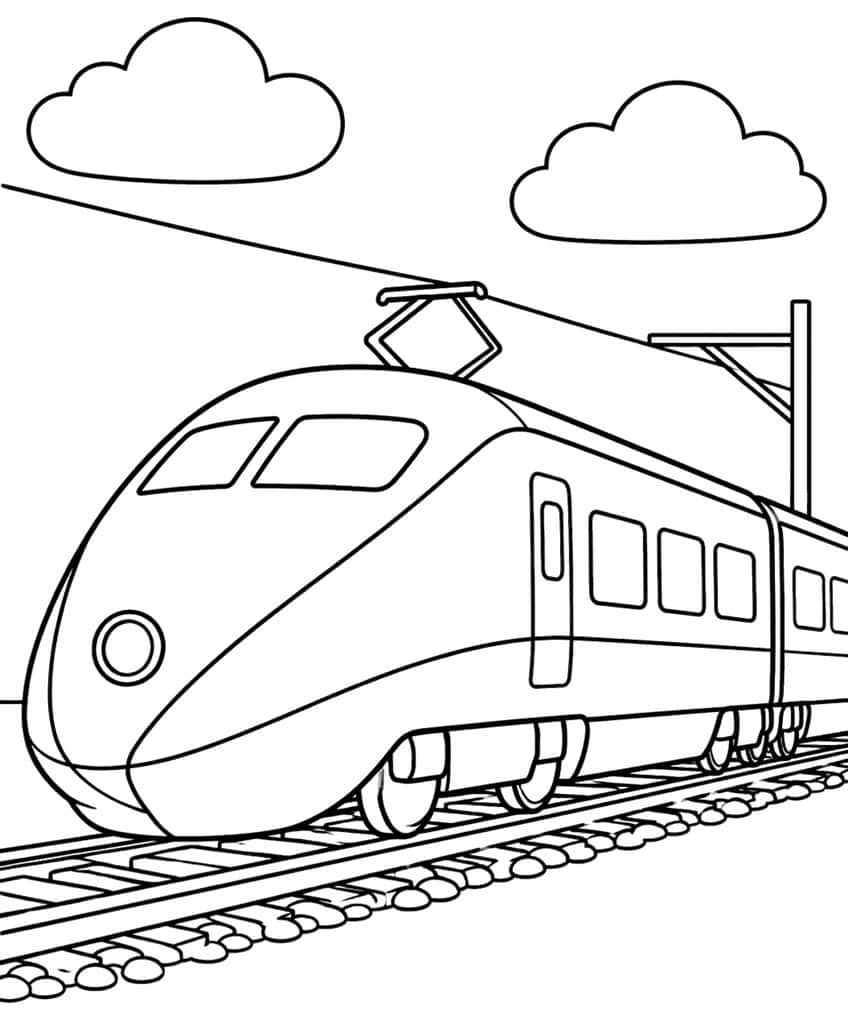 Bullet train coloring page with pantograph, tracks, and clouds