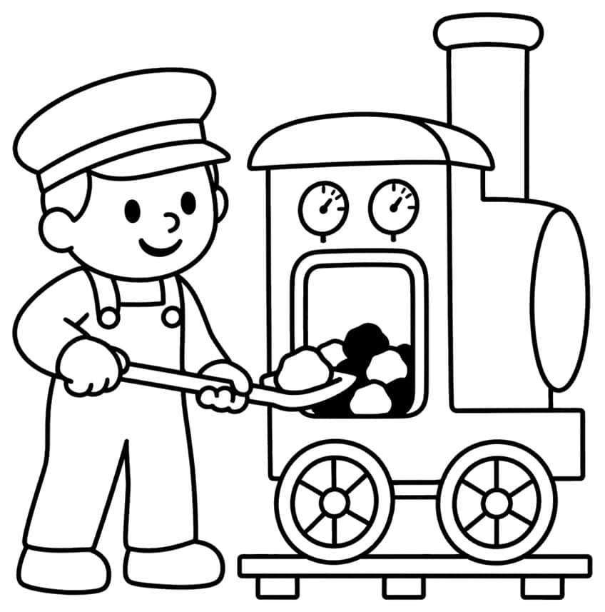 Boy in cap shoveling coal into a locomotive firebox with gauges