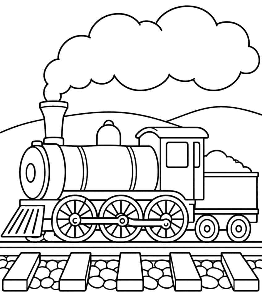 Steam locomotive with tender, big smoke cloud, wheels, and railroad tracks