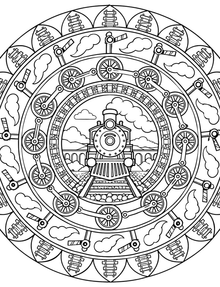 Mandala coloring page with a steam train, spoked wheels, signals and railroad ties