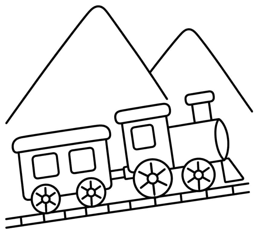 Toy train engine and passenger car in front of two mountain peaks