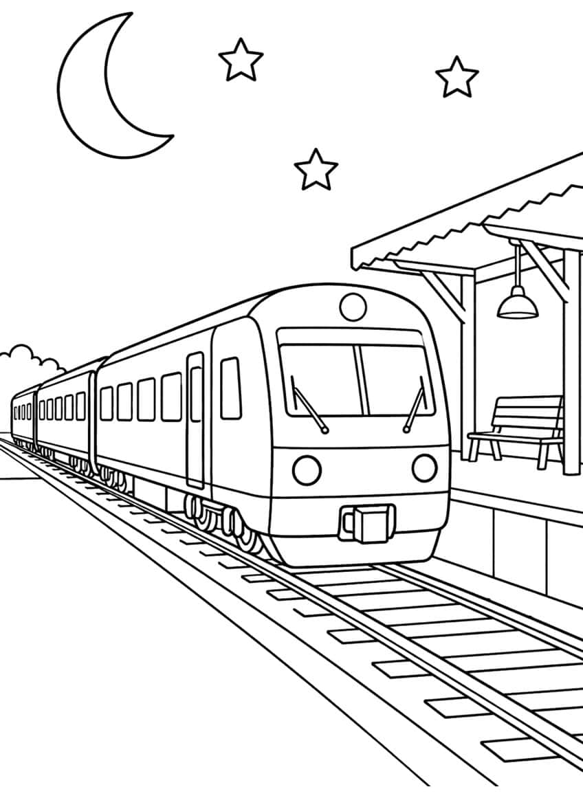 Train arriving at station platform at night with moon and stars