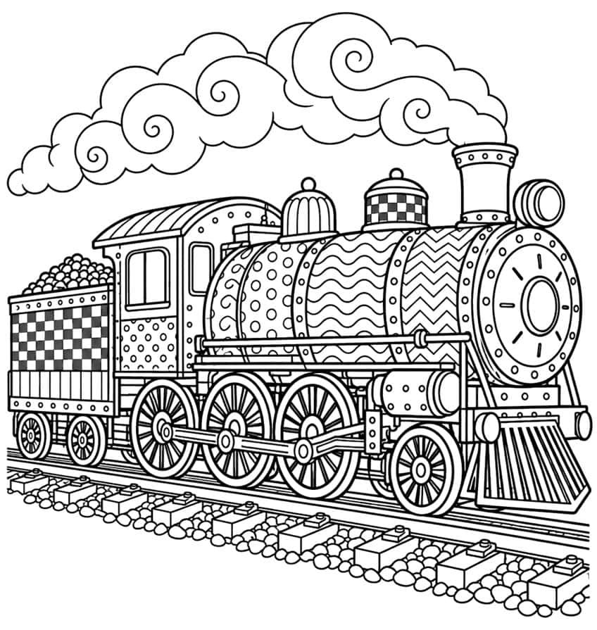 Steam train coloring page with patterned boiler, coal tender and spiral smoke clouds