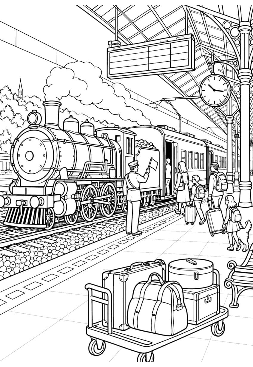 Steam train at platform with conductor, passengers, luggage cart, station clock