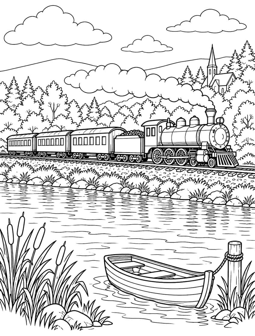 Steam train by a river, rowboat tied to a post, cattails, church and forest
