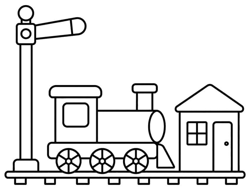 Toy locomotive, railway signal box with window and door, semaphore signal, tracks