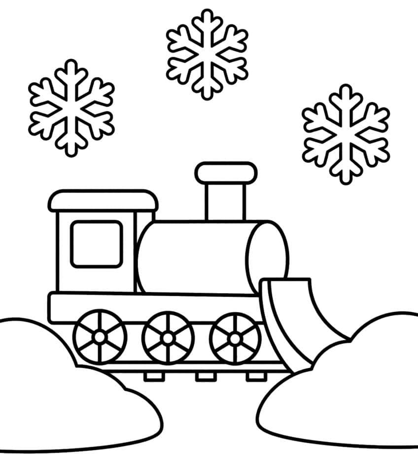 Toy locomotive with a snowplow between snowdrifts under three big snowflakes