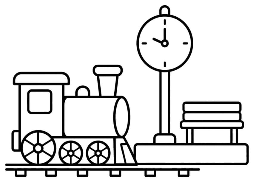 Toy steam locomotive, station clock on a post, and a wooden bench