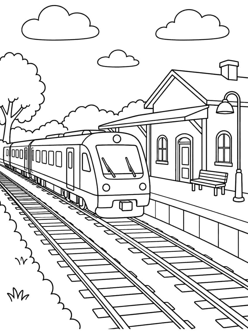Commuter train at platform beside station building, bench, lamppost and trees