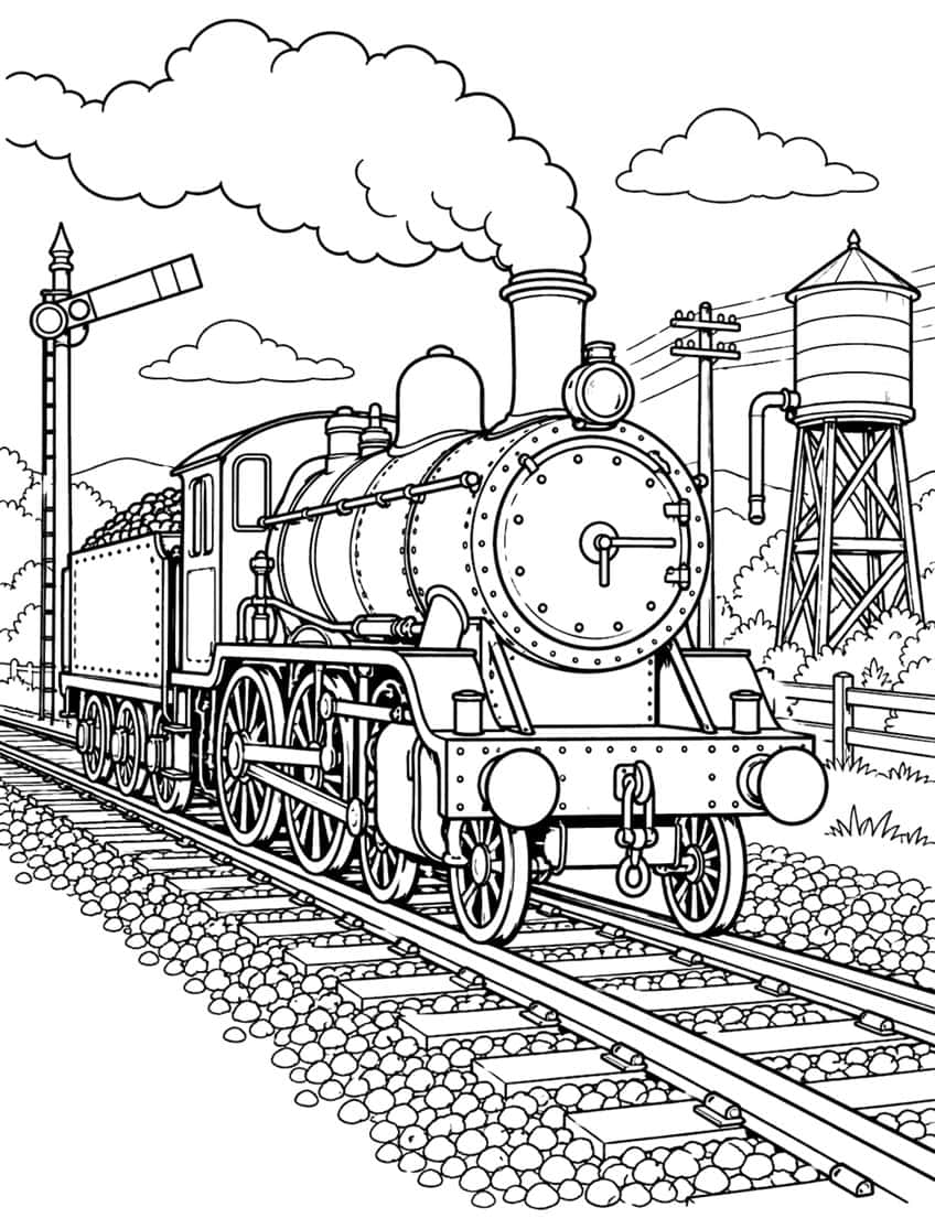 Front-facing steam train on tracks with smoke, water tower, signal, coal tender