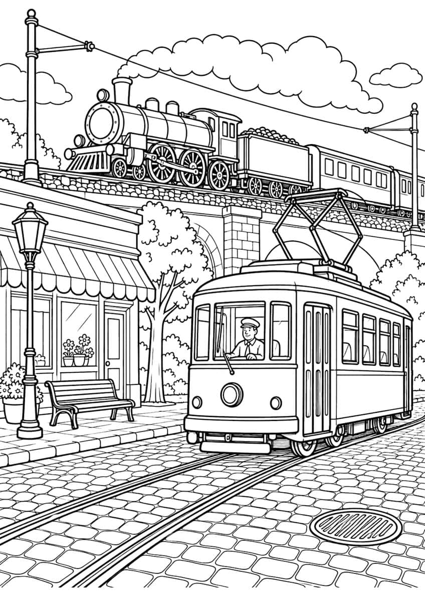 streetcar with driver on cobblestone street under a bridge with a steam train