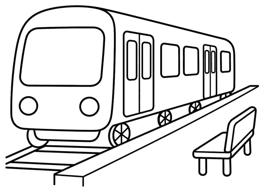 Subway train with round headlights, sliding doors and a platform bench