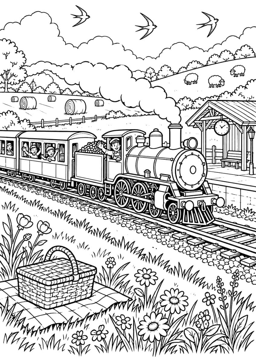 Steam train passing station, waving driver, sheep, picnic basket, flowers, swallows