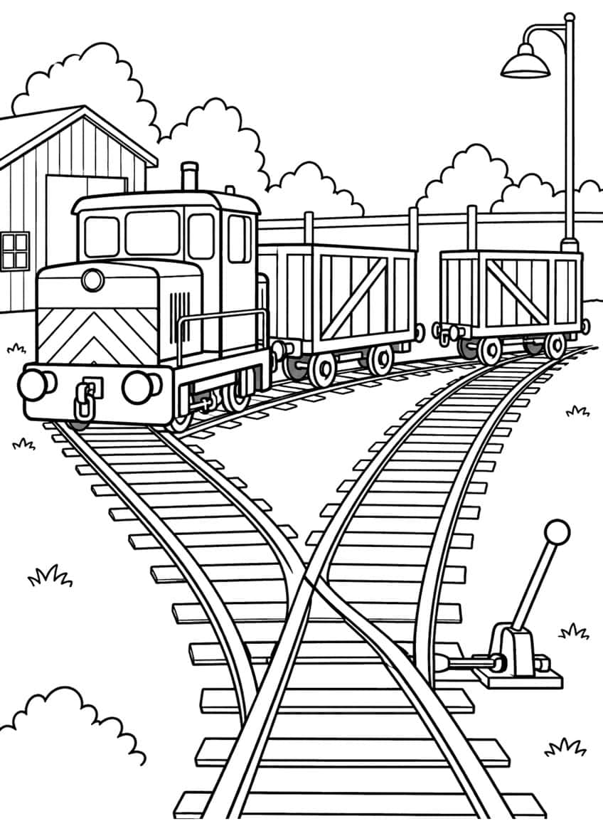 Diesel switcher engine, two cargo wagons, track switch lever, lamp post, rail yard shed