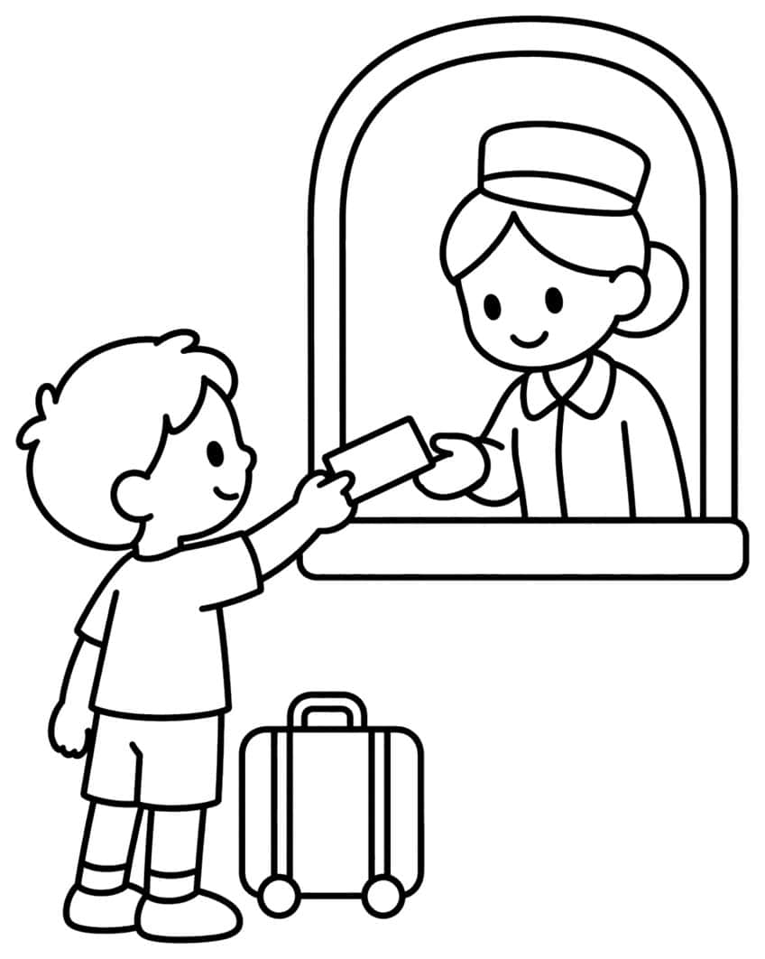 boy handing ticket to station clerk at arched window, suitcase beside him