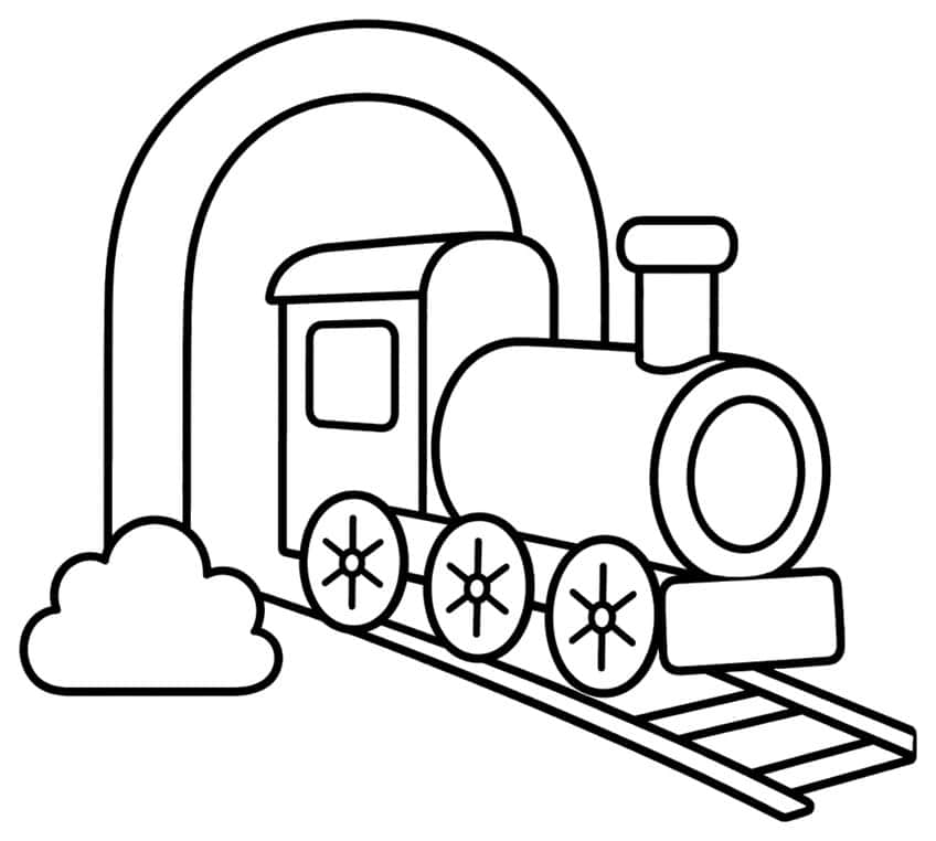 Toy locomotive exiting a tunnel arch with a bush and railroad tracks