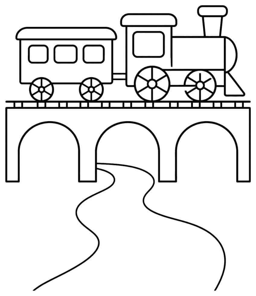 Toy train with passenger car crossing a three-arch stone viaduct over a river