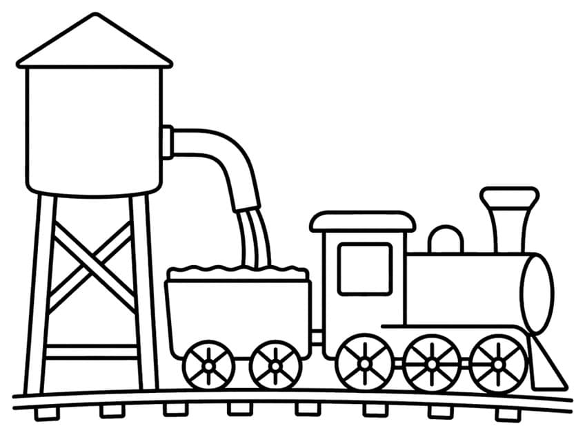 Steam train with tender under a water tower spout, on curved track