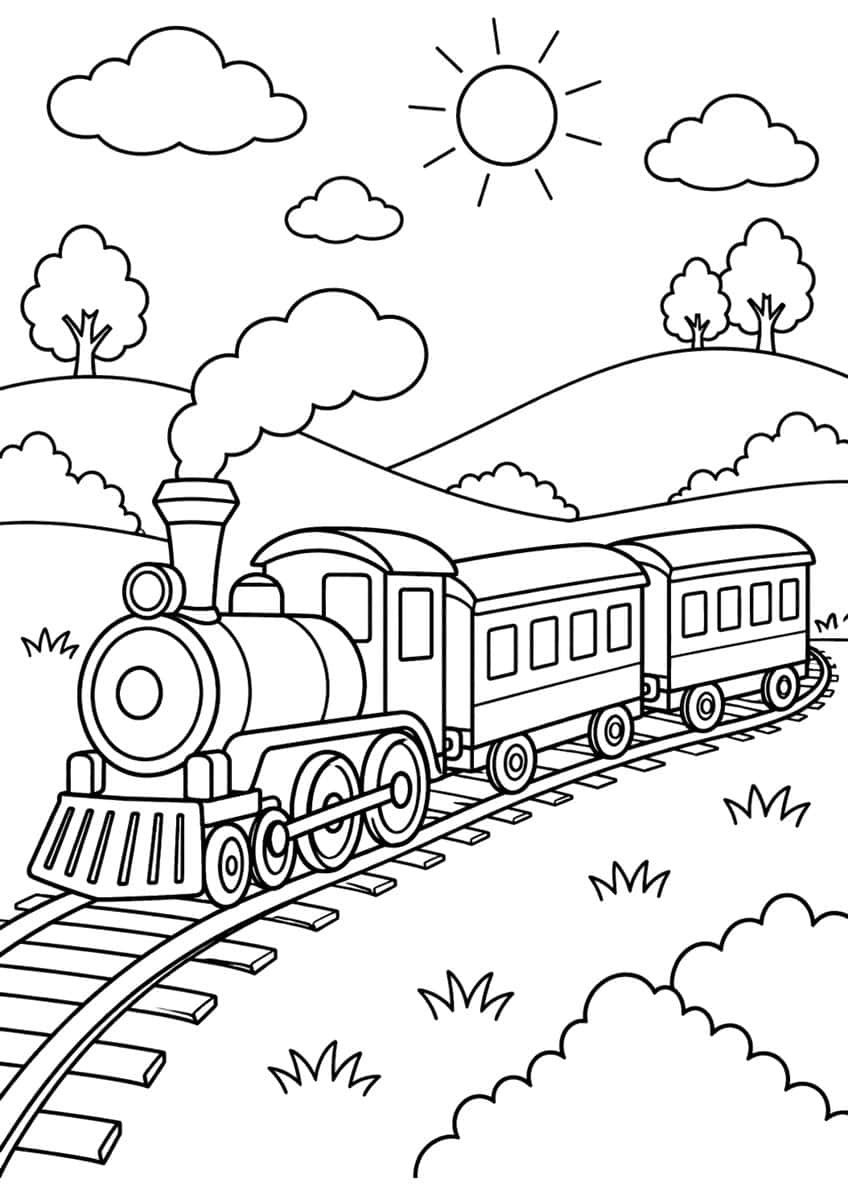 Steam locomotive with cowcatcher and two coaches on a curved track