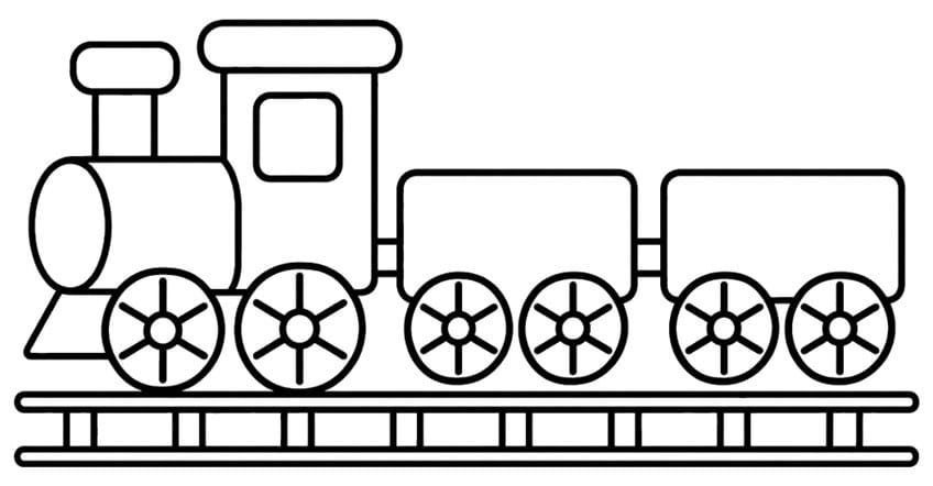 Simple toy train engine with two cargo cars on tracks