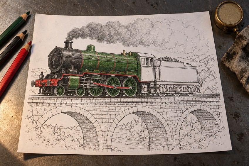 train coloring page partly colored in with pencils