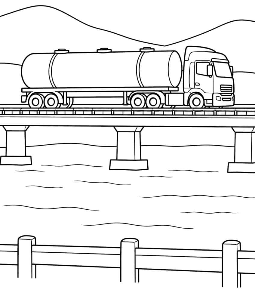 Tanker truck on a bridge over a river with piers, hills and a wooden fence