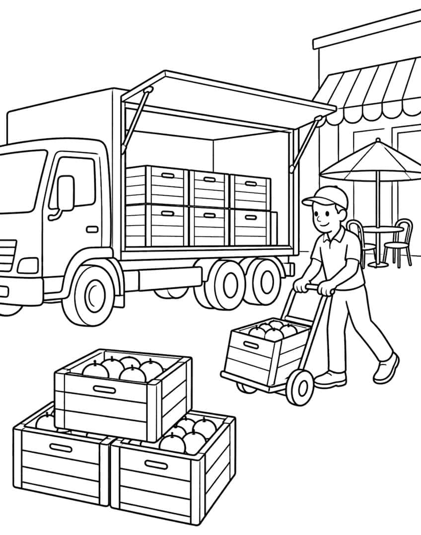 Driver with hand truck and fruit crates beside an open box truck, café awning and umbrella table behind