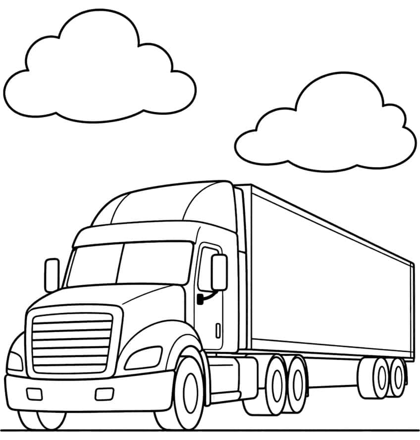 Semi truck with grille, side mirror and long box trailer under two clouds