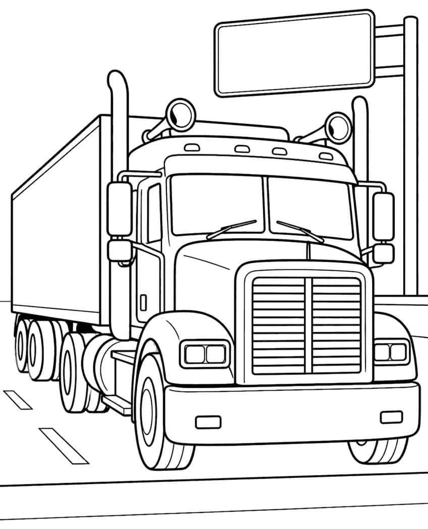 Front view of a semi truck cab with grille, exhaust stacks and trailer, beneath a blank highway sign