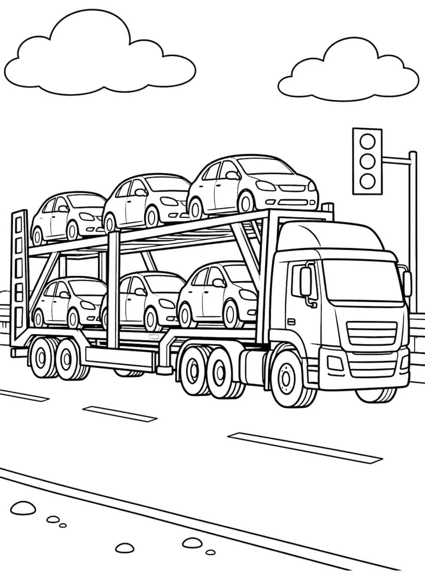 Car carrier truck with six cars on two decks, traffic light, clouds and road