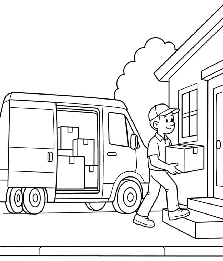 Delivery man with a box climbing porch steps beside an open van holding stacked parcels, with a house and bush