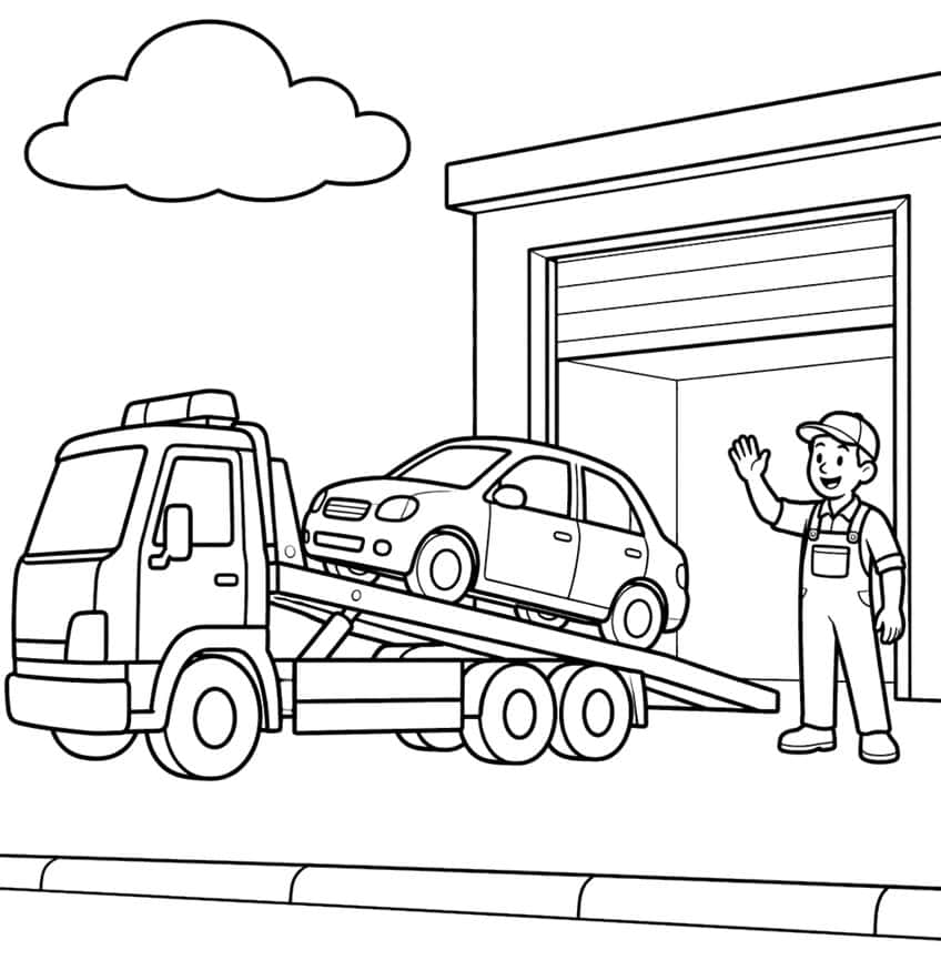 Flatbed tow truck lowering a small car near a garage with a waving mechanic and a cloud