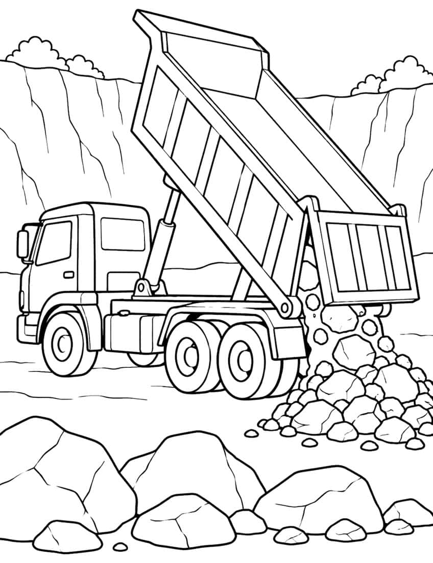 Dump truck with raised bed tipping rocks into a pile in a gravel pit with cliffs and boulders