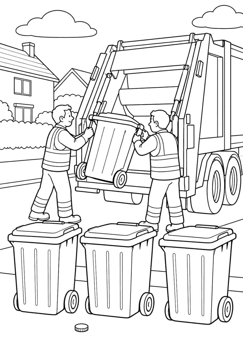 Two garbage collectors lift a wheelie bin into a garbage truck, three bins in front, houses and hedge behind