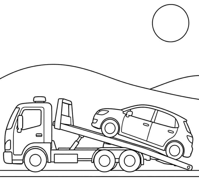 Flatbed tow truck with tilted bed carrying a hatchback car, with hills and a sun behind