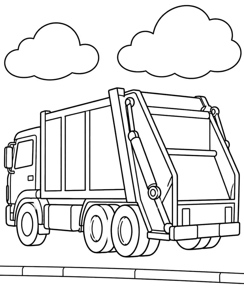 Garbage truck with rear loader and hydraulic arm on a road with two clouds